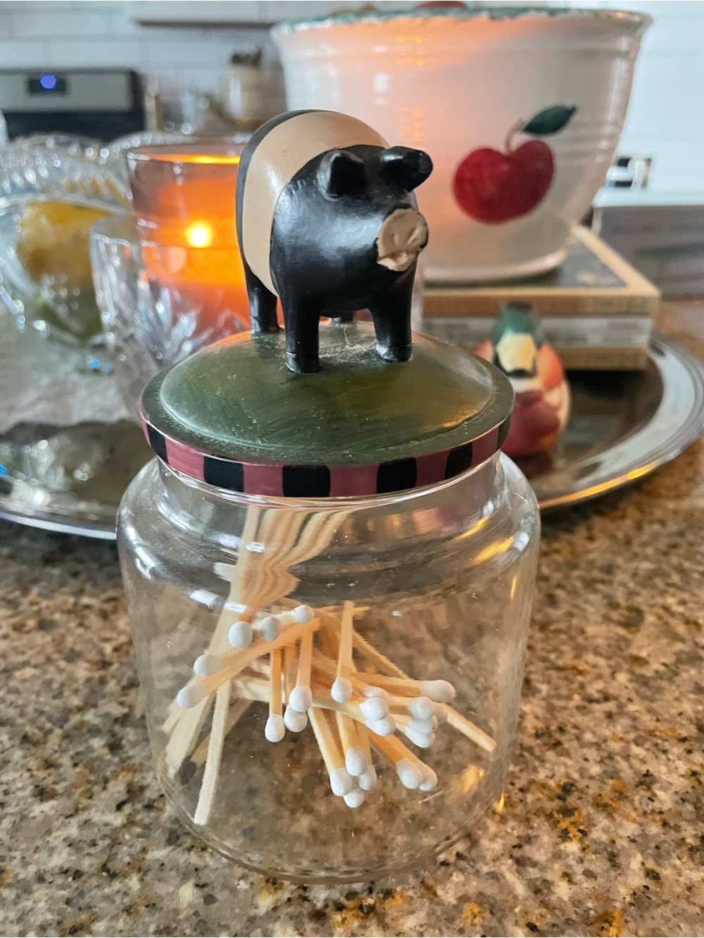 Pig Top Matchstick Jar - Whimsical Kitchen Accent